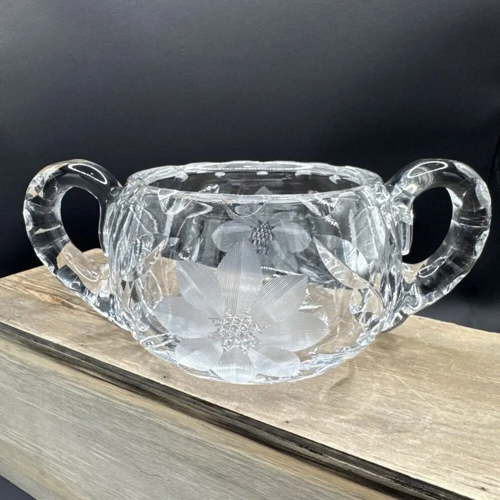 Etched Glass Clear Cut Flower Design Sugar Bowl with Two Handles Solid Heavy